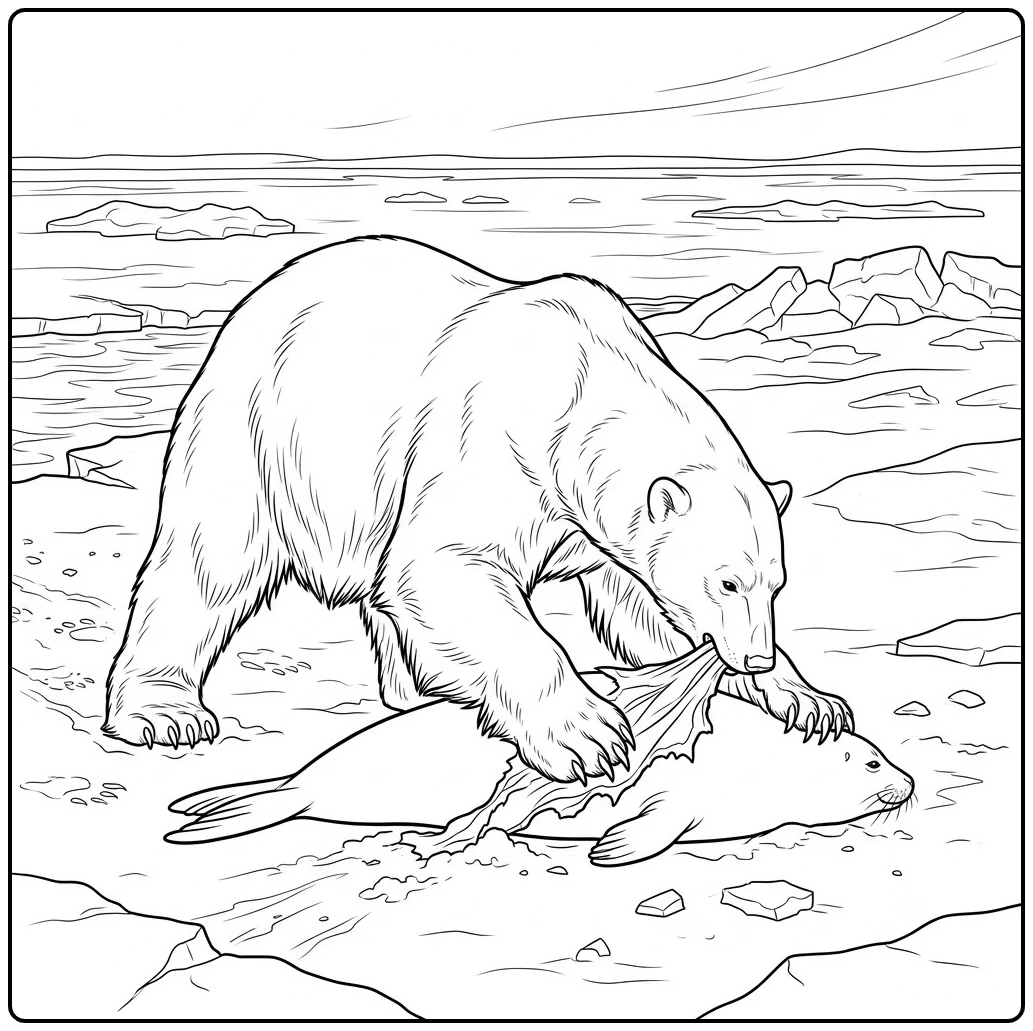 Adult polar bear tears into a seal on broken Arctic sea ice beside distant floes