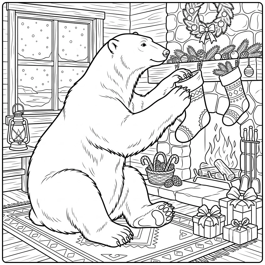 Christmas polar bear coloring page showing a bear hanging a stocking beside a warm fireplace
