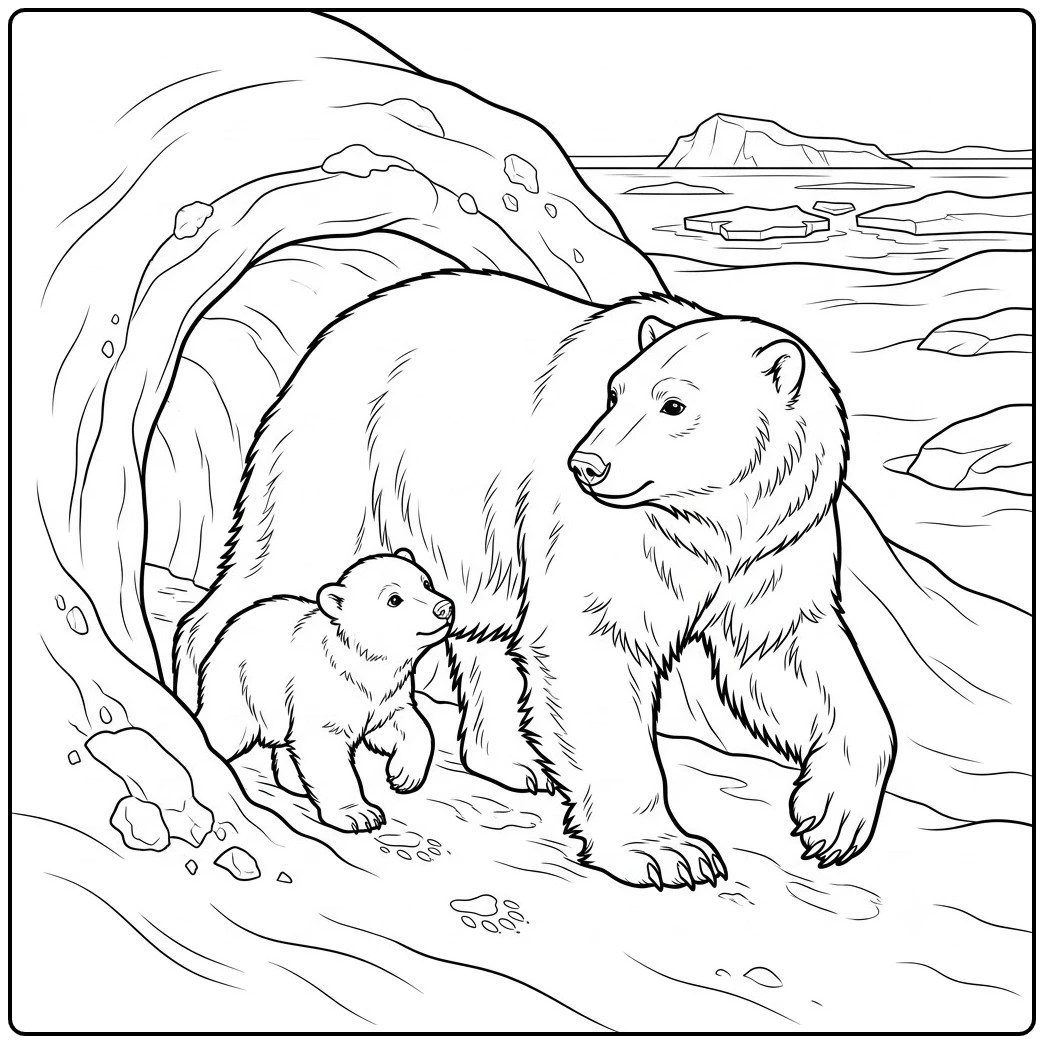 Polar bear mother and cub leave an icy den beside a frozen coastal landscape.