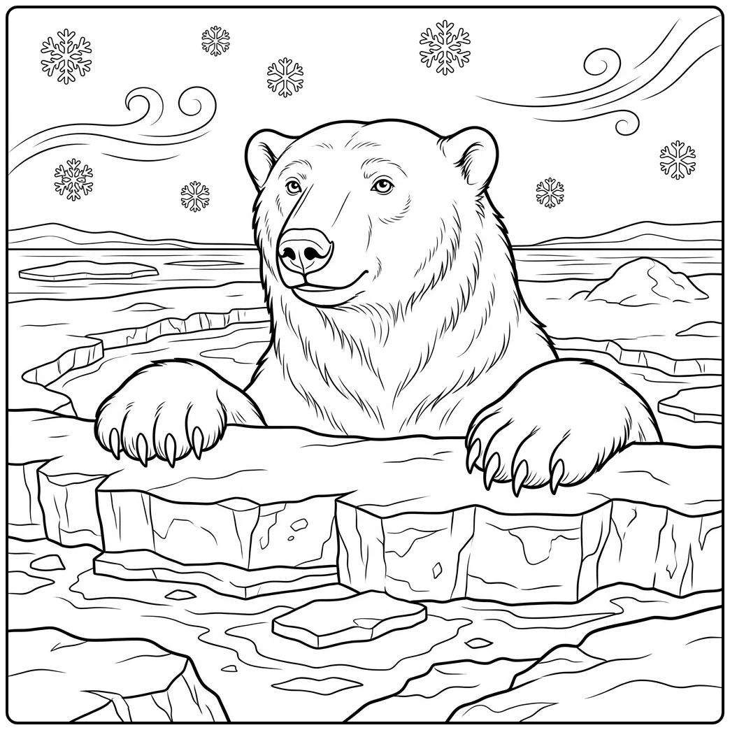 Polar bear peeks over a thick ice ledge with broad paws and drifting snowflakes
