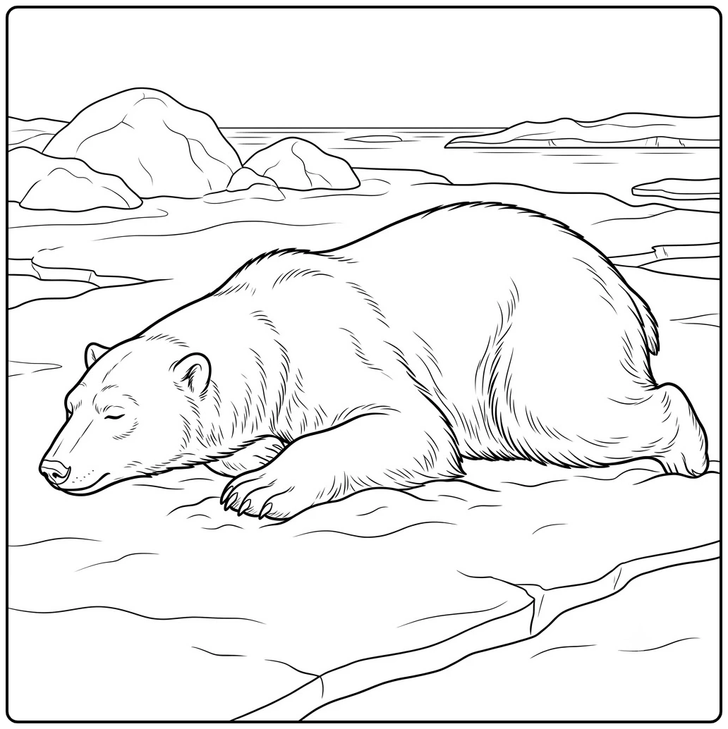 Large polar bear rests flat on sea ice with its head down against a quiet Arctic backdrop