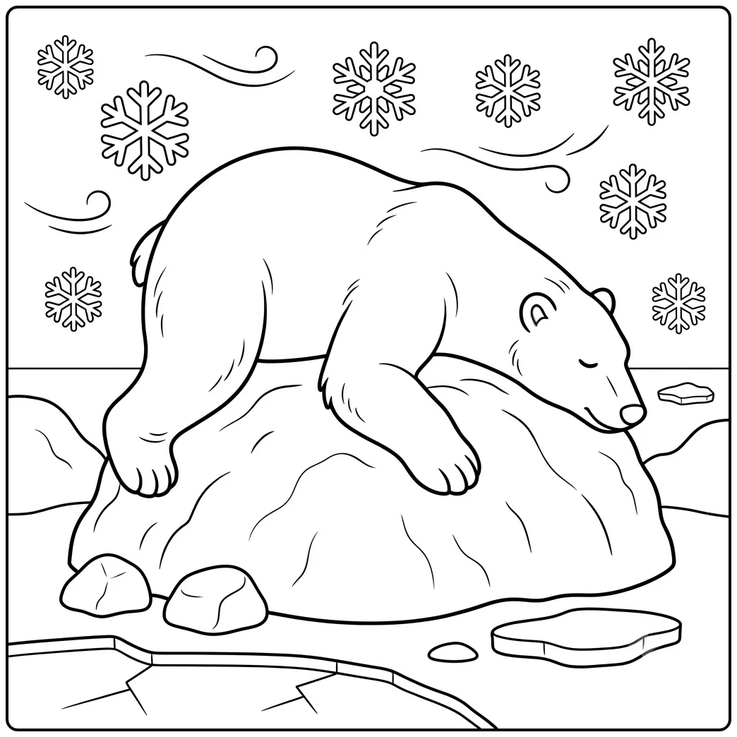 Resting polar bear lies across a large snow mound beneath snowflakes and winter wind