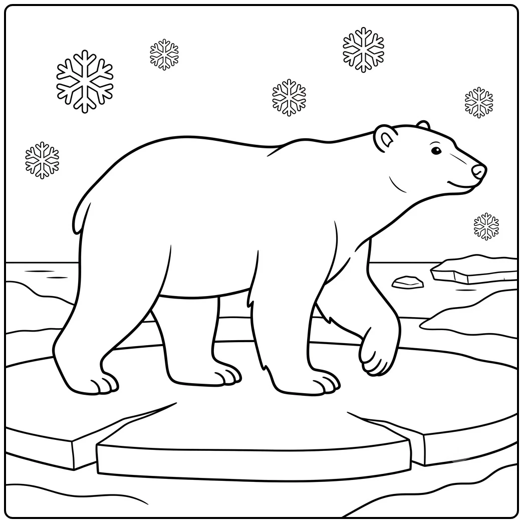Walking polar bear on ice in an easy polar bear coloring page for kids with snowflakes
