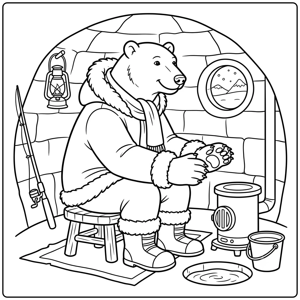 Polar bear warms its paws inside an igloo with a heater, fishing rod, and lantern
