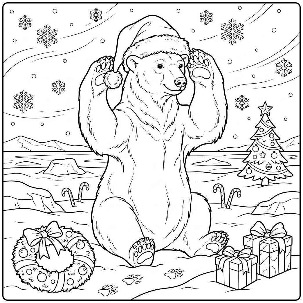 Polar bear in a Santa hat raises both paws beside gifts, a wreath, and Christmas tree