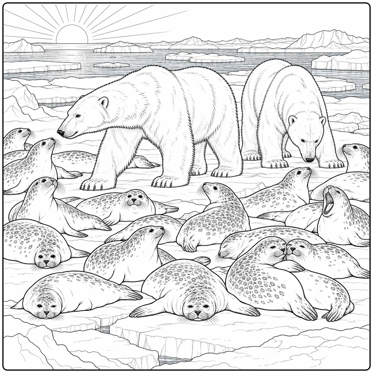 Two adults cross a dense seal colony in this polar bear coloring page on Arctic sea ice
