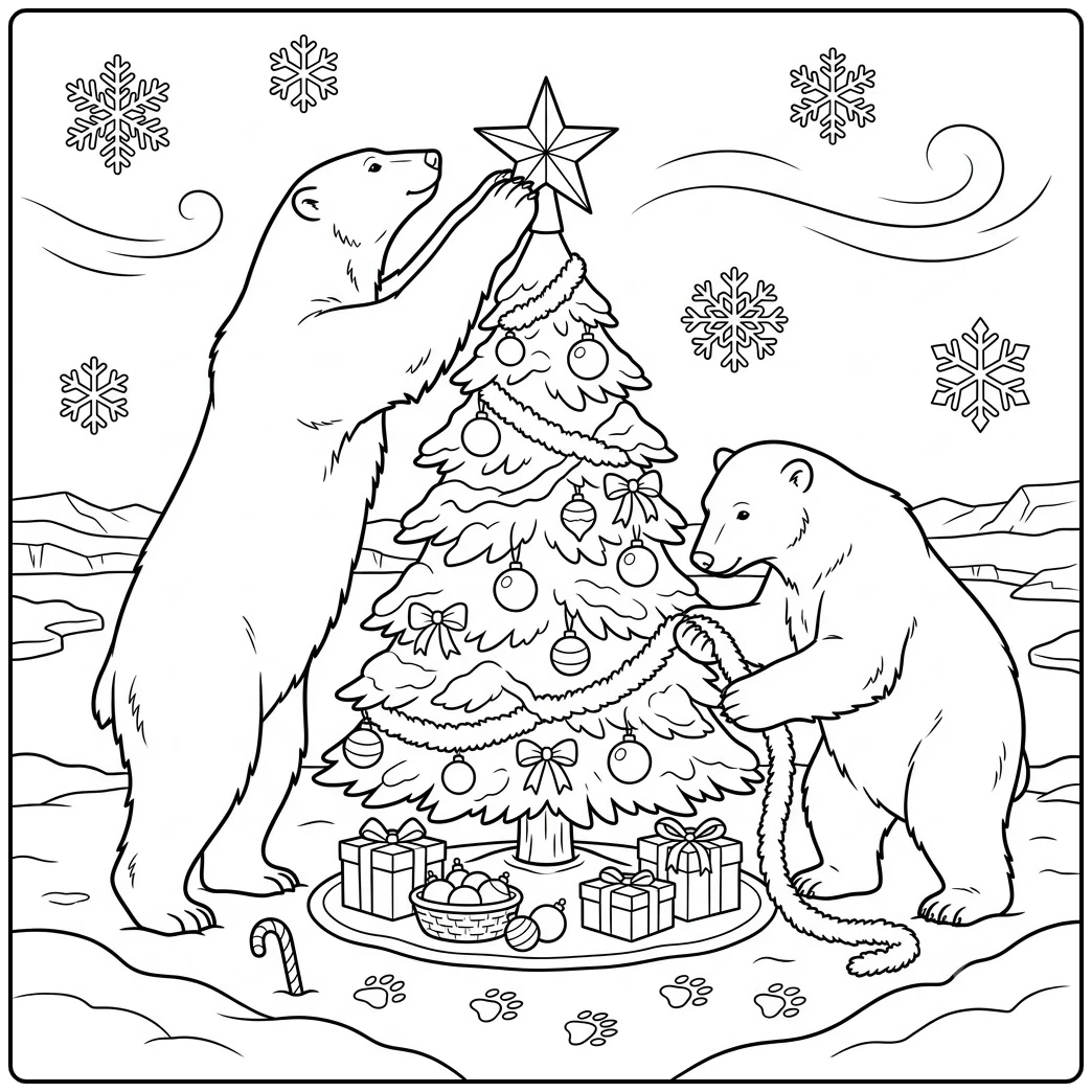 Two polar bears decorate a Christmas tree with a star, garland, ornaments, and presents