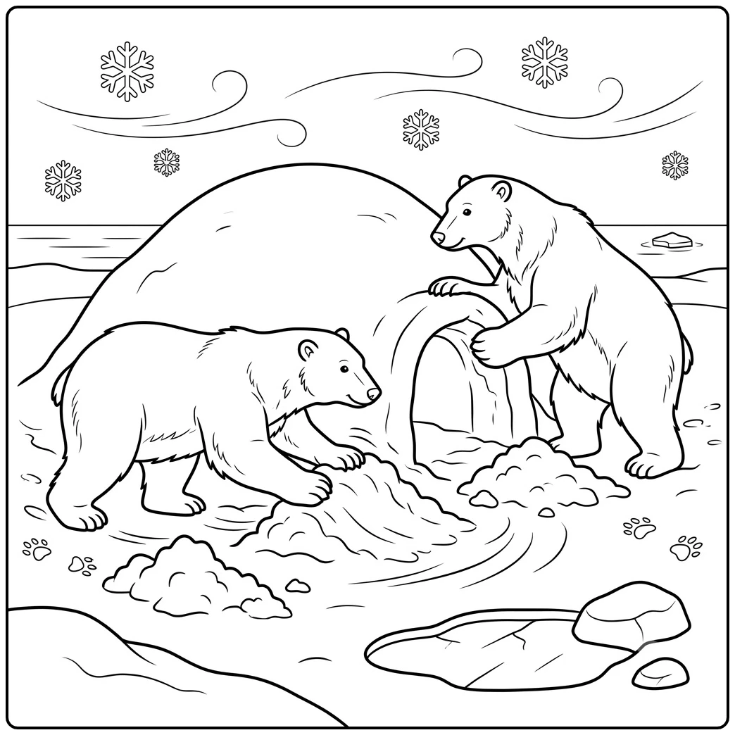 Two adult polar bears dig and widen a snow den entrance beside fresh piles of snow