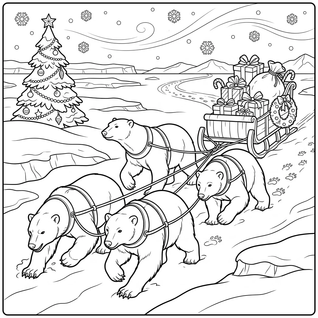 Four bears pull a gift-filled sled in this christmas polar bear coloring page across snow