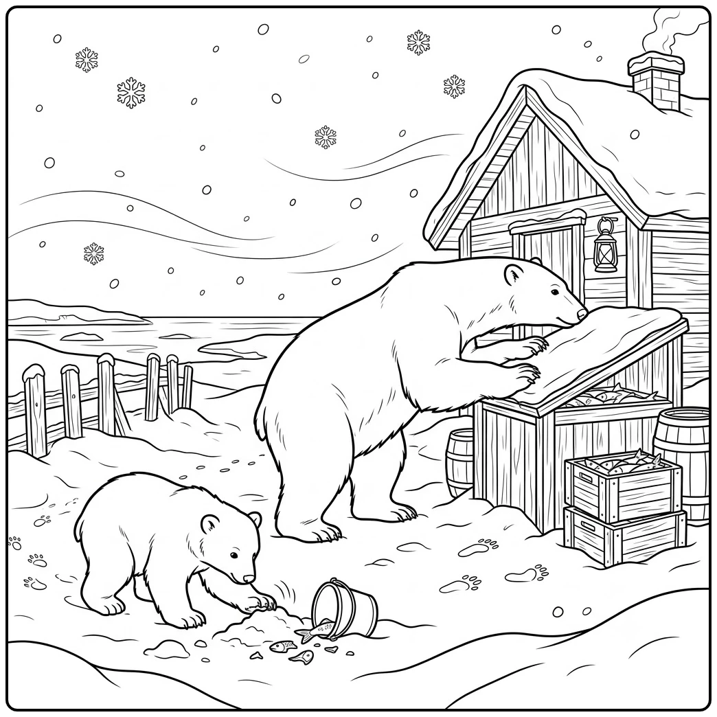 Adult polar bear searches a fish bin while a cub paws at spilled food near a snowy cabin