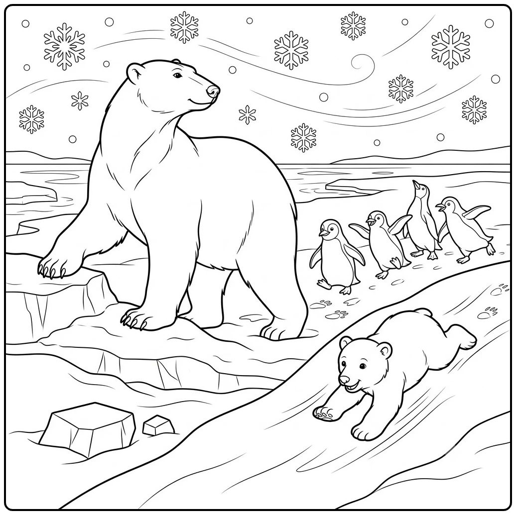 Adult polar bear watches as a cub slides downhill while four penguins follow across the snow