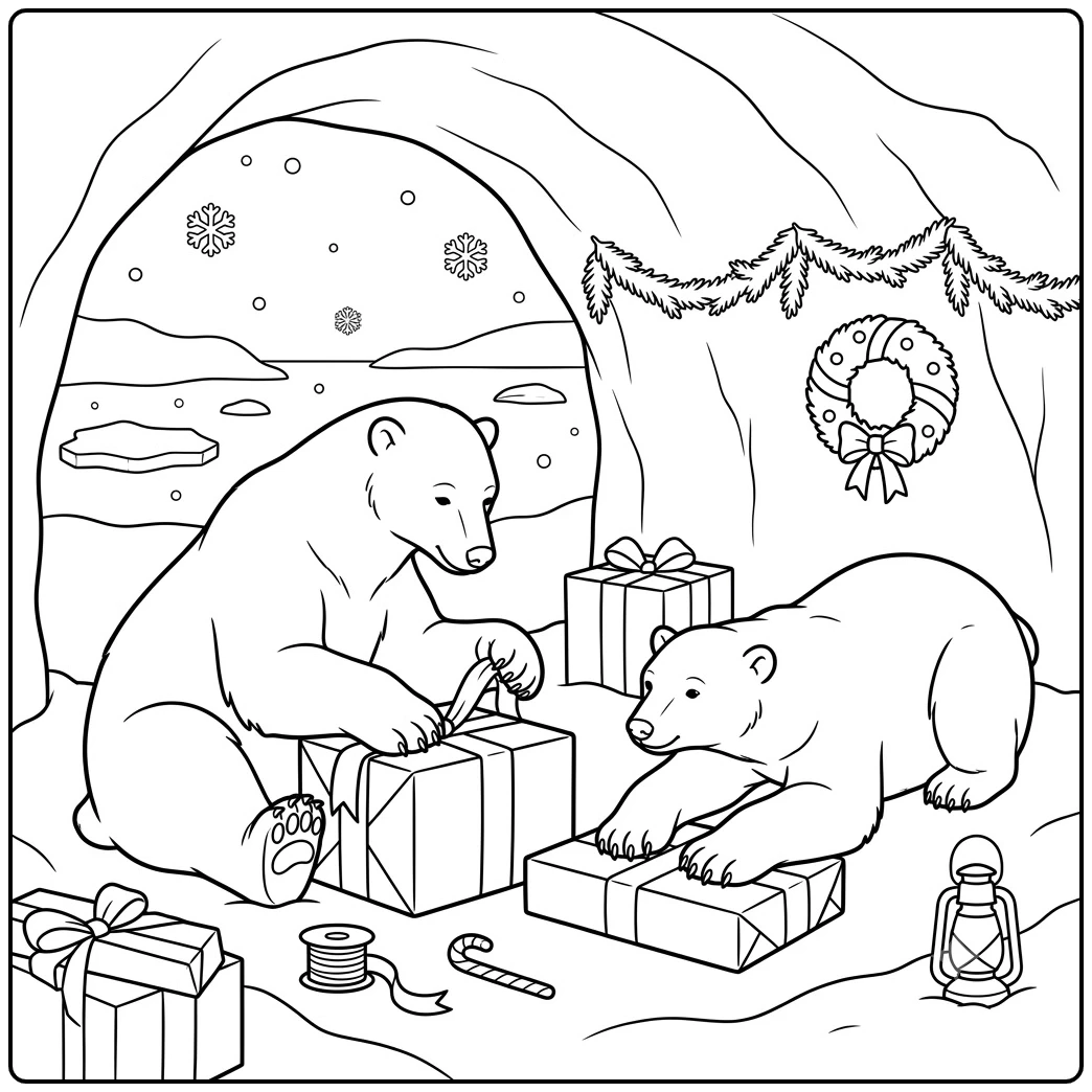 Two polar bears wrap large Christmas gifts together inside a decorated snowy shelter
