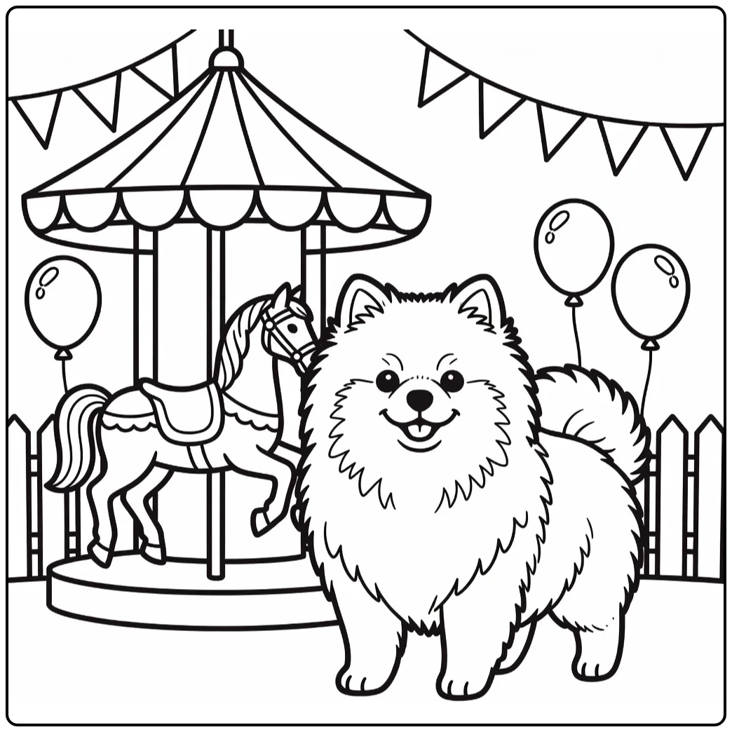 Pomeranian coloring page of fluffy dog at cheerful carnival