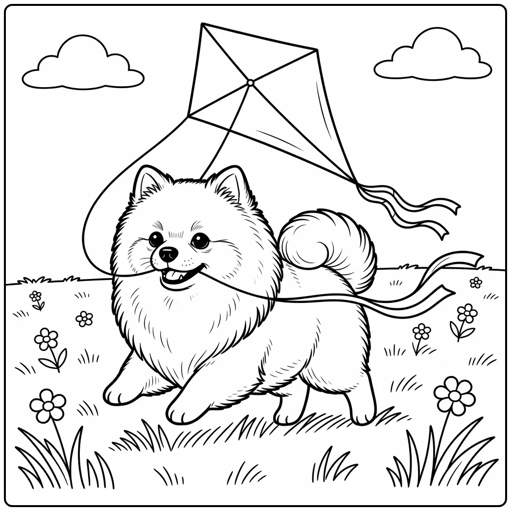 pomeranian coloring page of fluffy dog running with kite