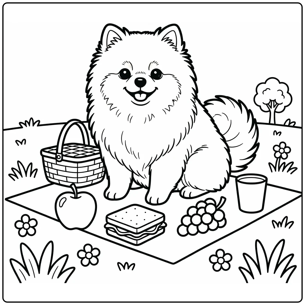 Pomeranian coloring page with picnic basket and food