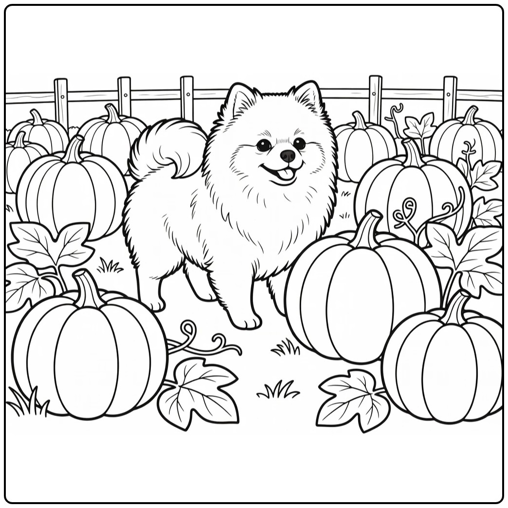 Pomeranian coloring page of cheerful dog in pumpkin patch