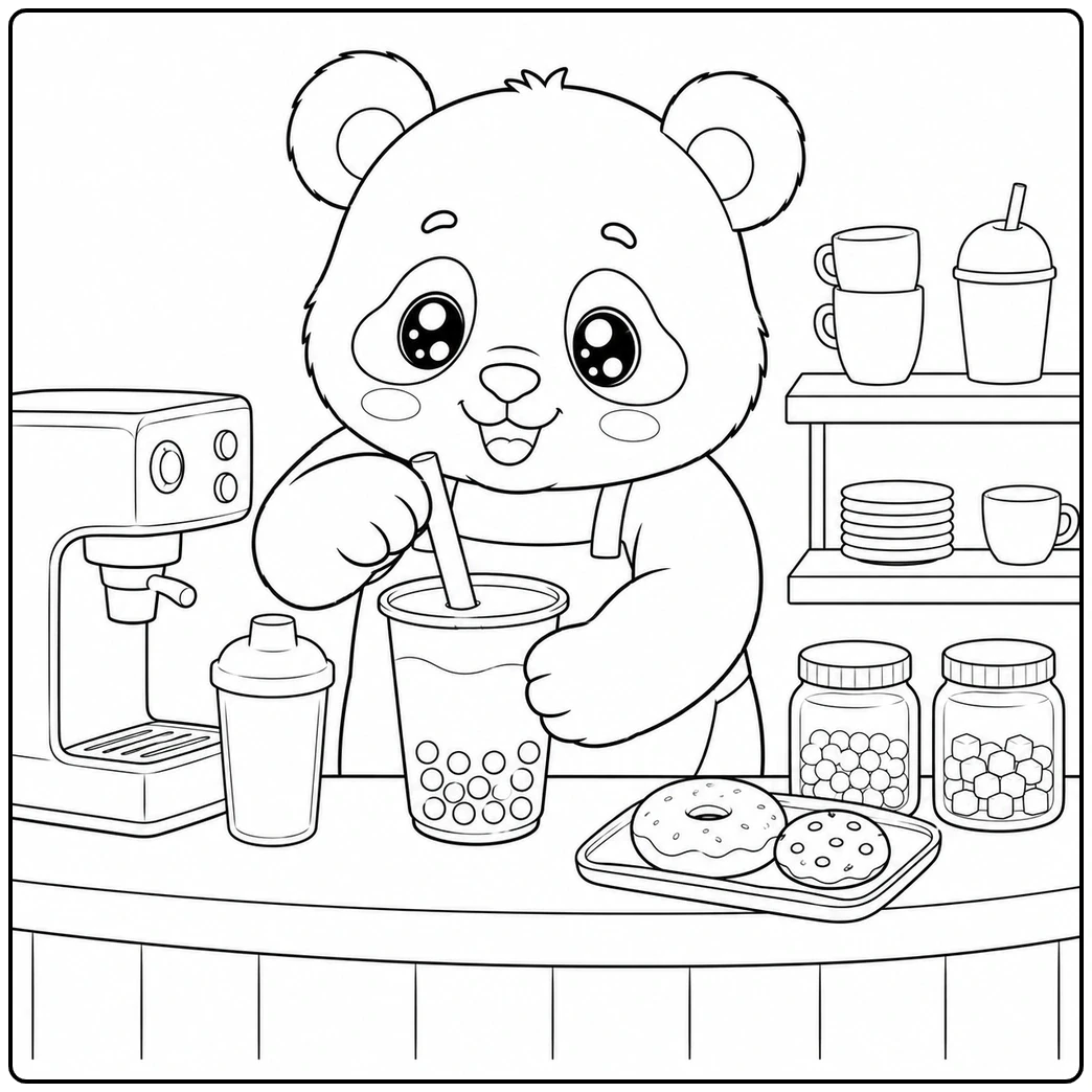 Panda barista inserting a straw into a boba milk tea drink behind the cafe counter.