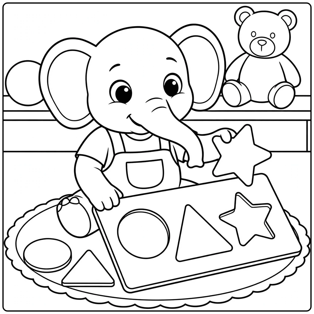 Young elephant matches a large star piece on a simple shape sorting board