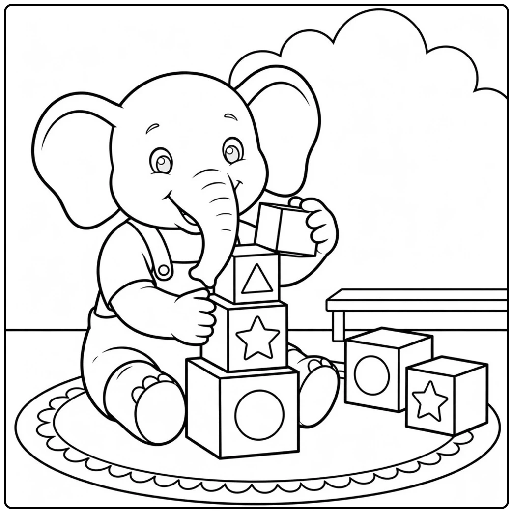 Preschool elephant coloring page with a calf stacking large shape blocks