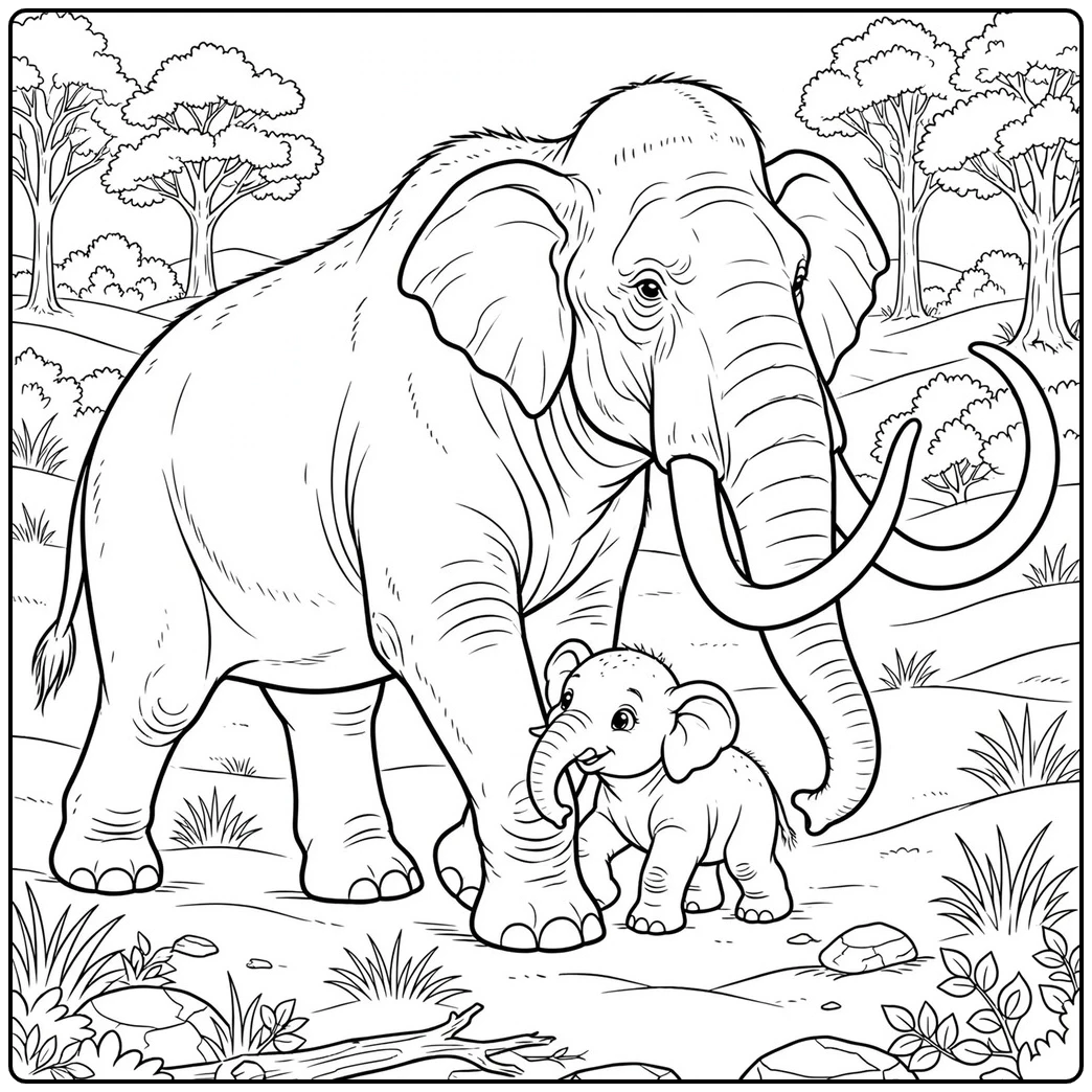 Protective mammoth coloring page with an adult standing closely beside a calf