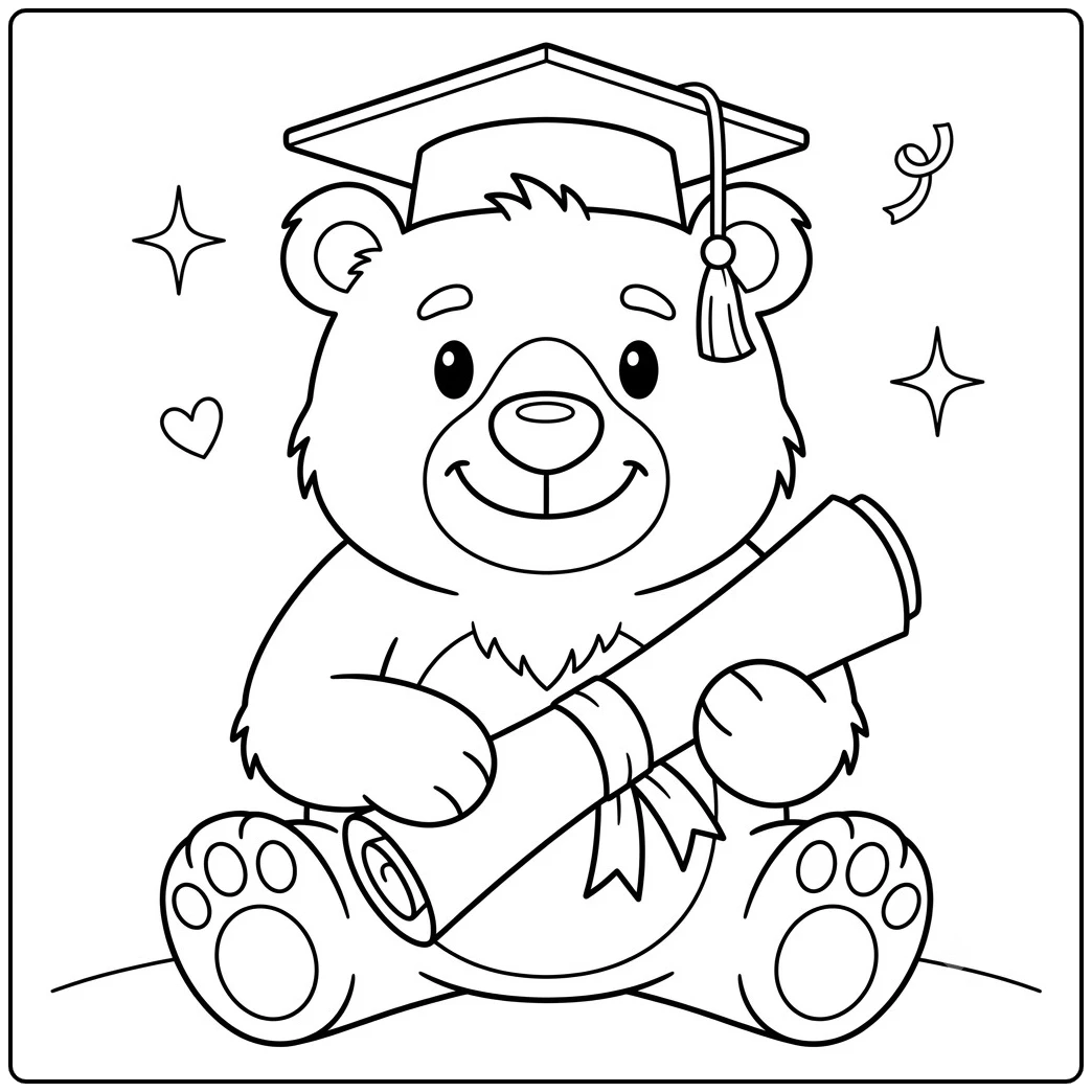 Graduation bear sits with a diploma, cap, tassel, hearts, and sparkling decorations.
