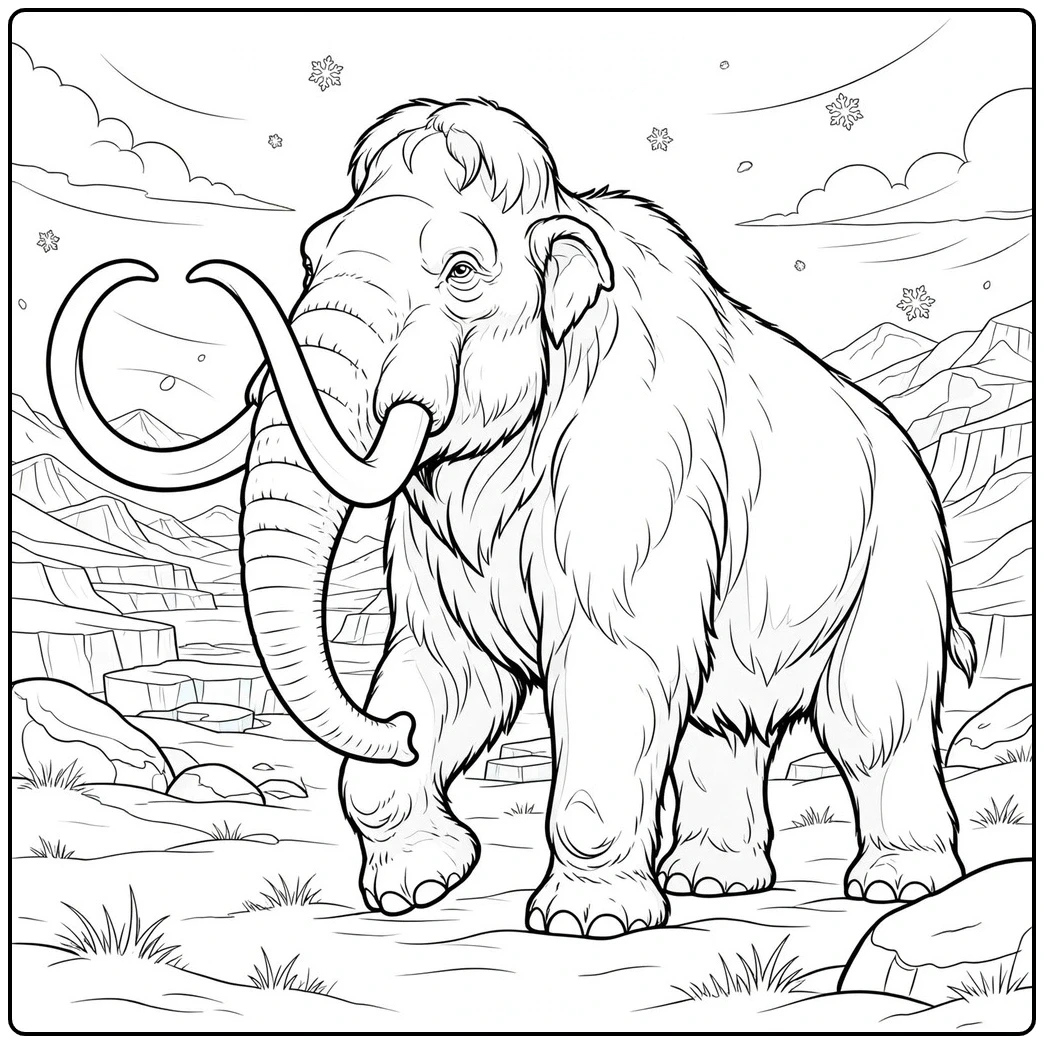 A woolly mammoth coloring page features a large adult in a rocky Ice Age landscape.