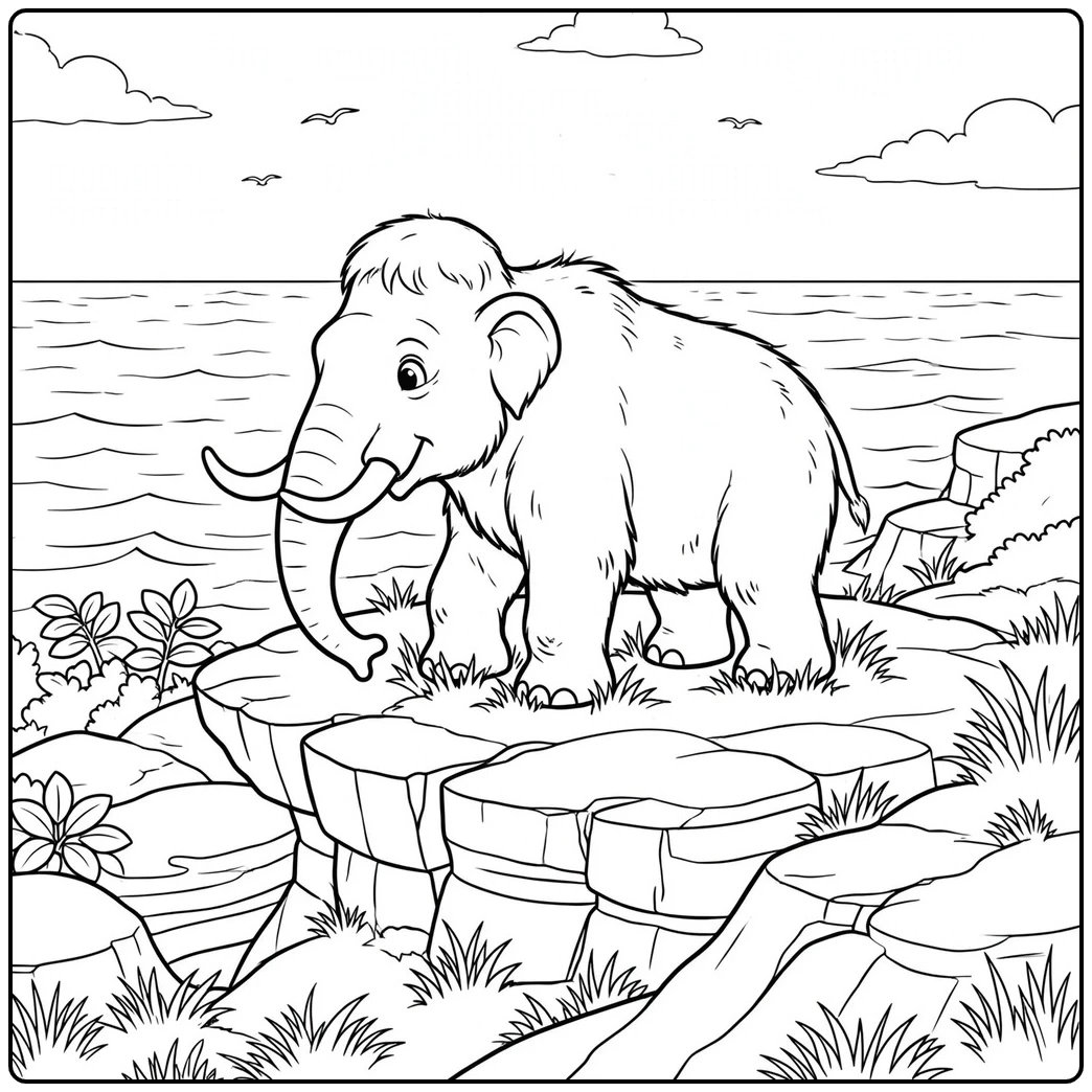 Small furry mammoth stands on rocky coastal ledges overlooking the open sea