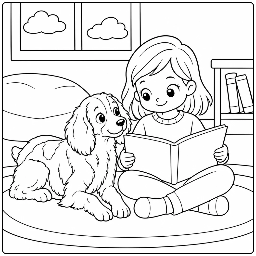 A child reads beside a Brittany Spaniel resting on a rug near a window and bookshelf