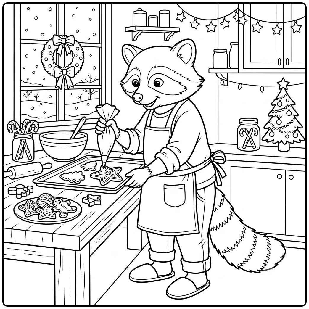 Raccoon decorates star cookies with icing inside a festive Christmas kitchen
