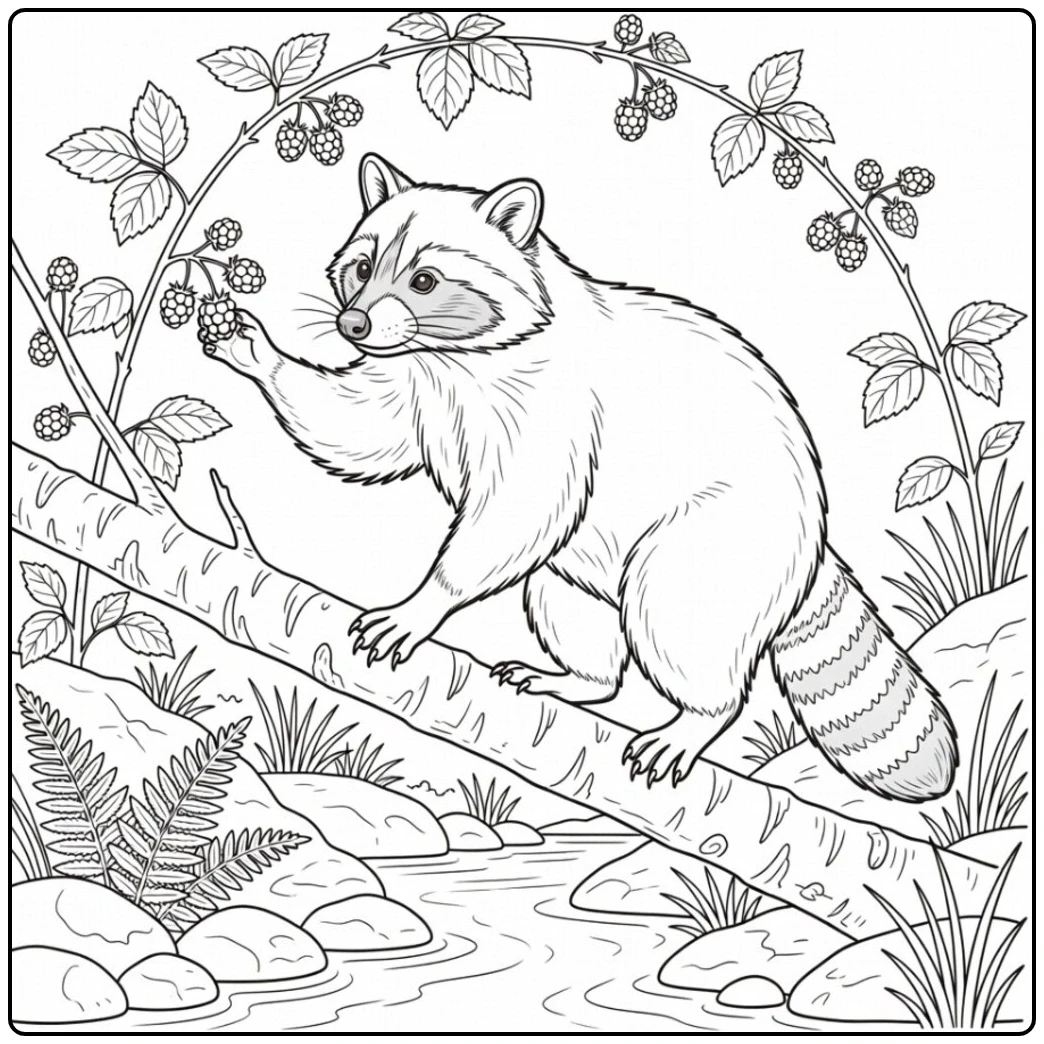 Raccoon balances on a fallen trunk to pick berries, racoon coloring page