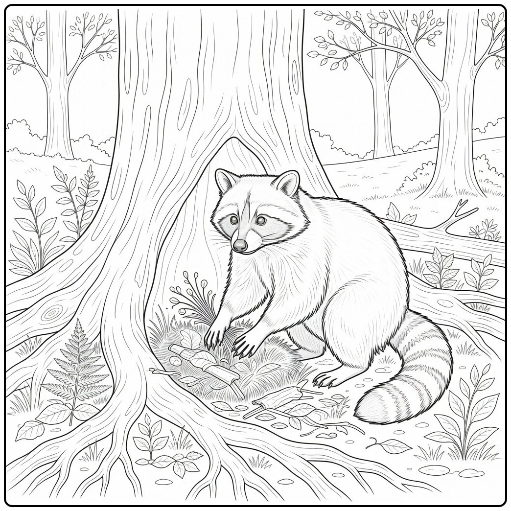 A raccoon beside a hollow tree in a realistic raccoon coloring page with exposed roots