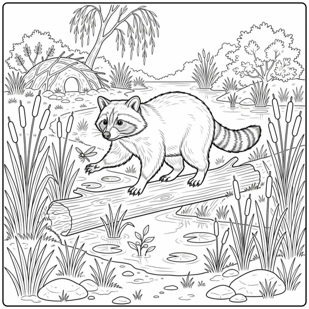 Raccoon balances on a fallen log above a marsh filled with cattails and lily pads