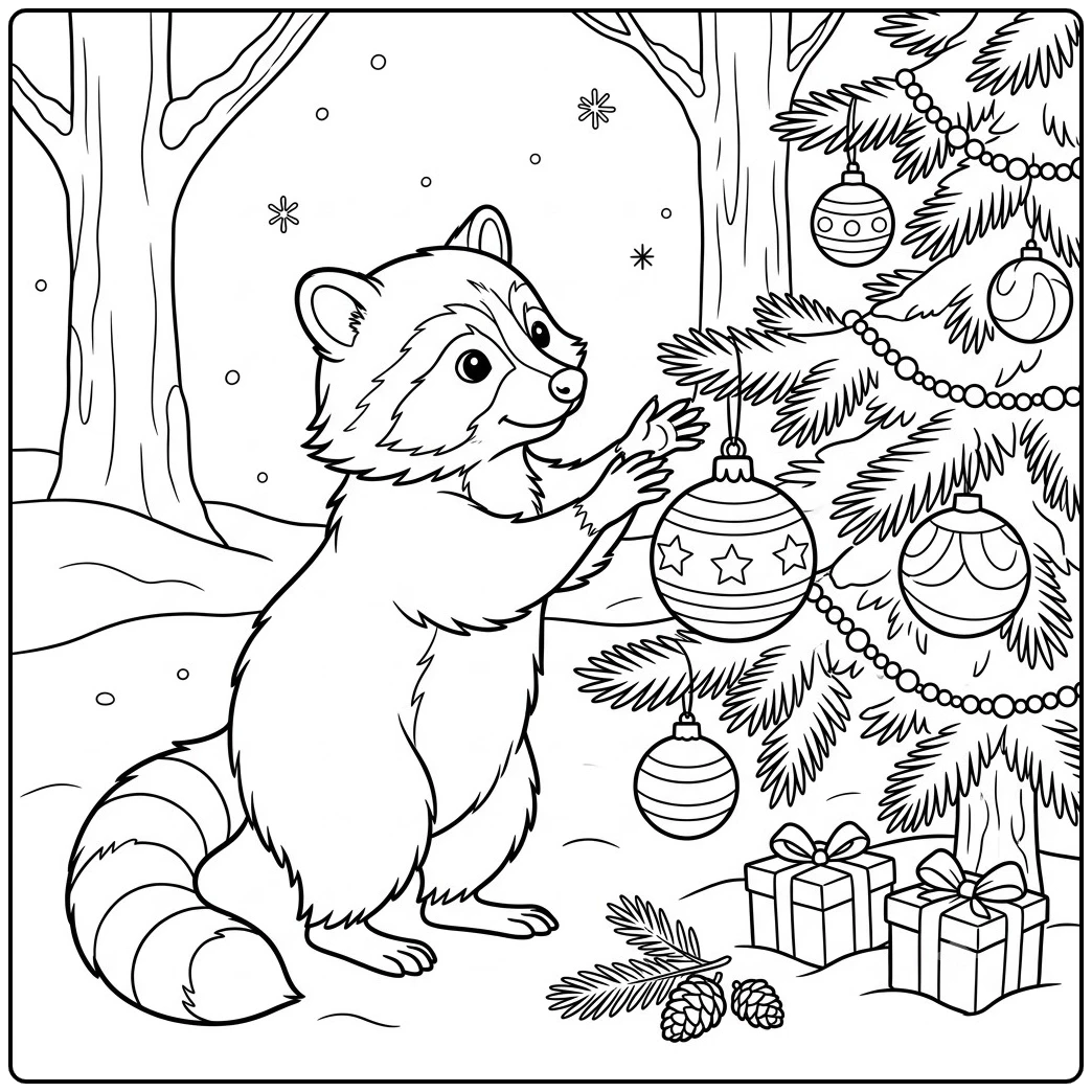 Raccoon decorates an outdoor Christmas tree beside gifts and pinecones in the snow