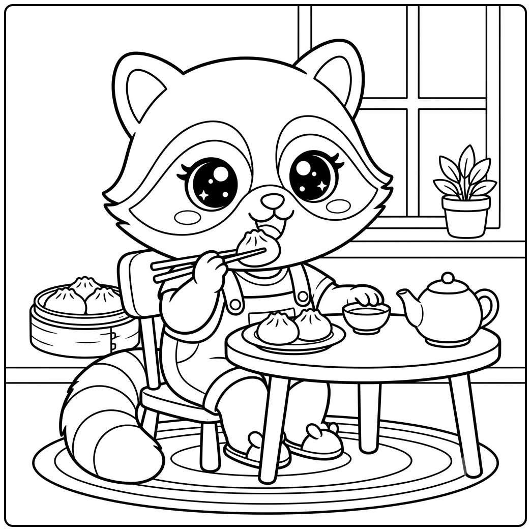 Raccoon eating dumplings with chopsticks at a round table beside tea