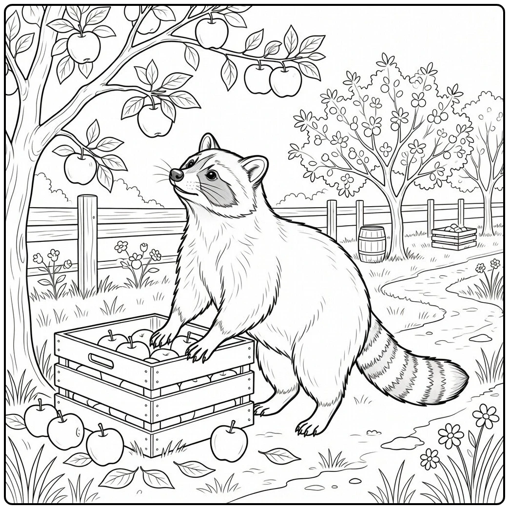 Raccoon explores stacked apple crates beneath a fruit tree in a peaceful orchard