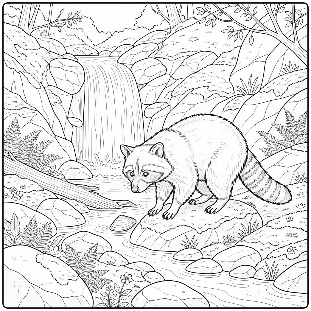 Raccoon explores a rocky forest stream beneath a waterfall surrounded by ferns