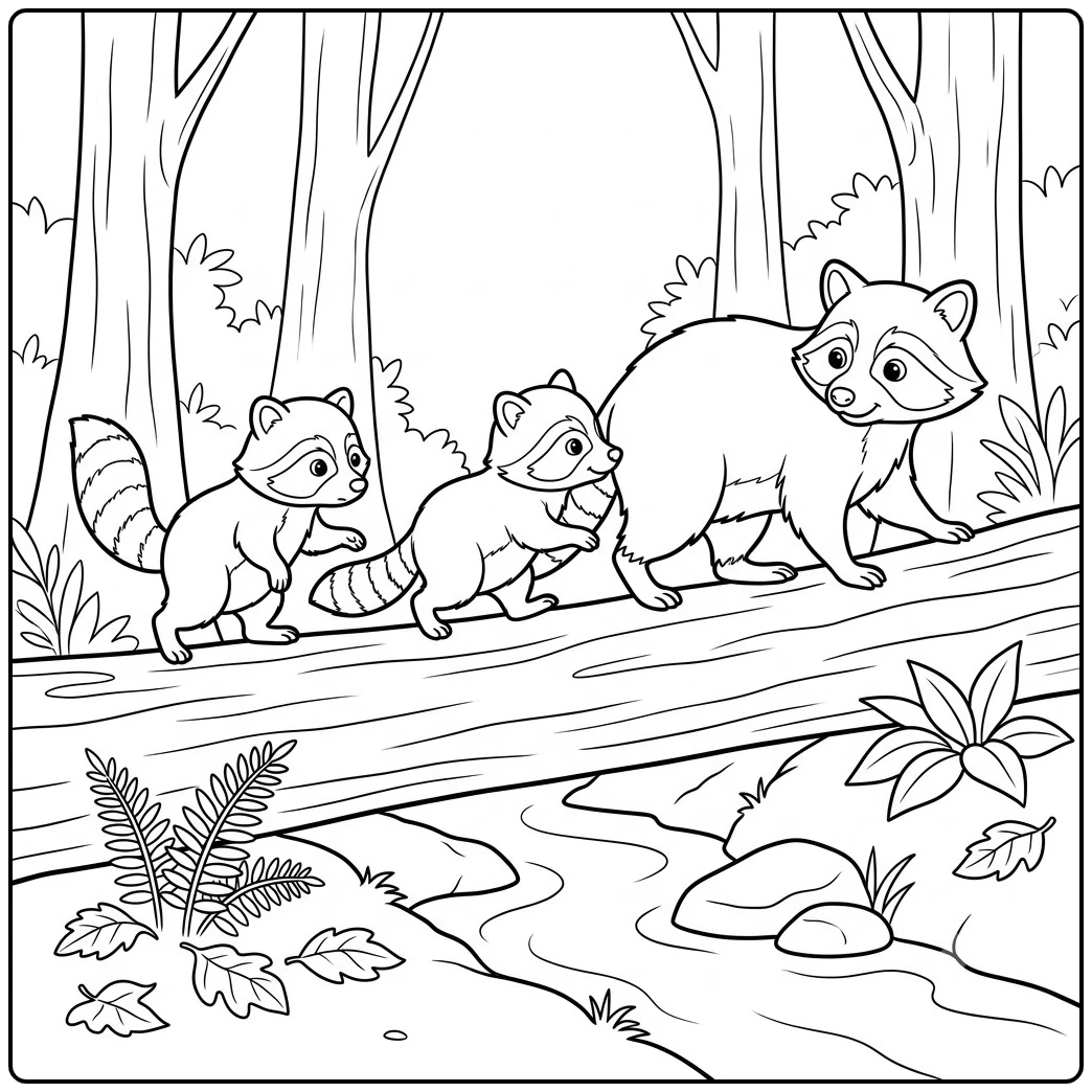 Mother raccoon leads two kits across a fallen log above a forest stream