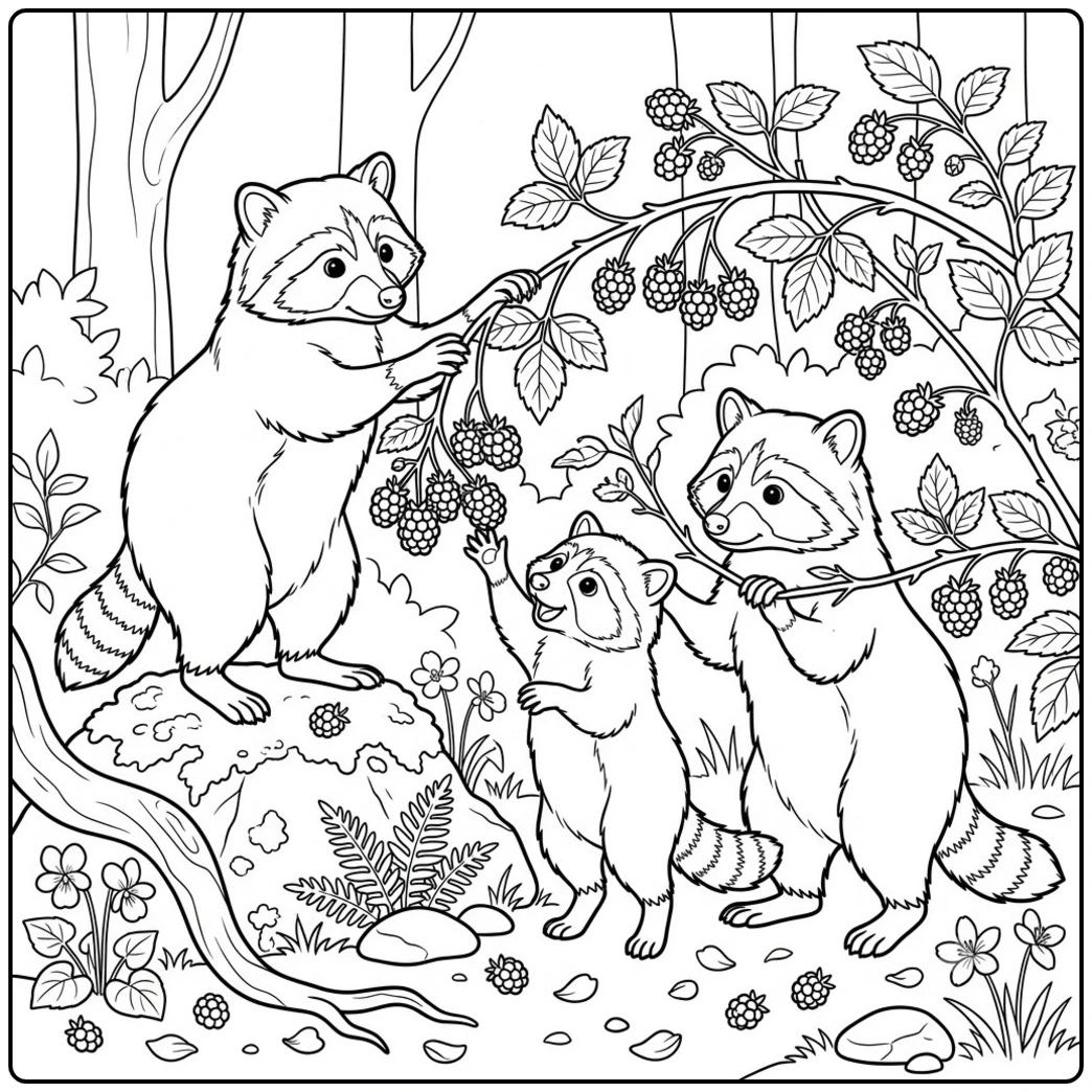 Three raccoons gather berries together beneath arching woodland canes