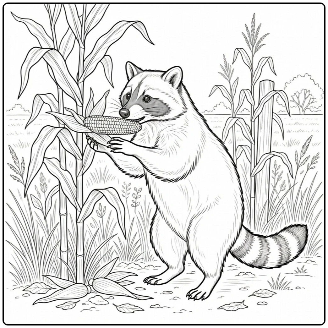 Raccoon holds an ear of corn beside tall stalks in a rural field