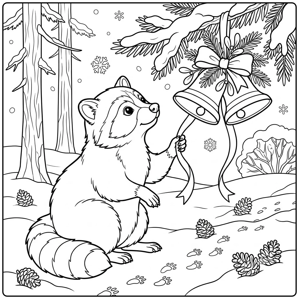 Raccoon tugs a ribbon beneath hanging Christmas bells in a snowy forest