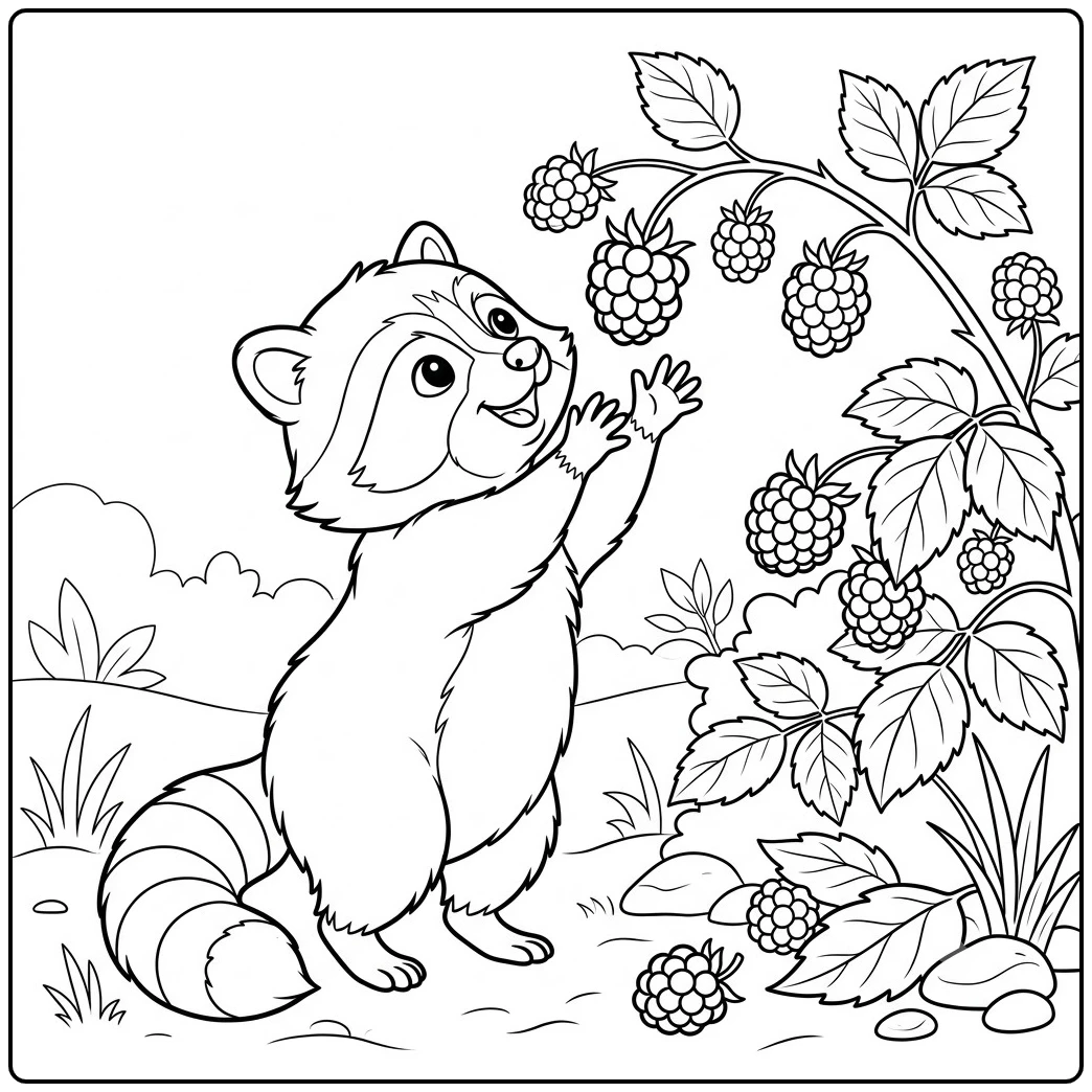 Raccoon reaches toward ripe raspberries on a leafy woodland branch