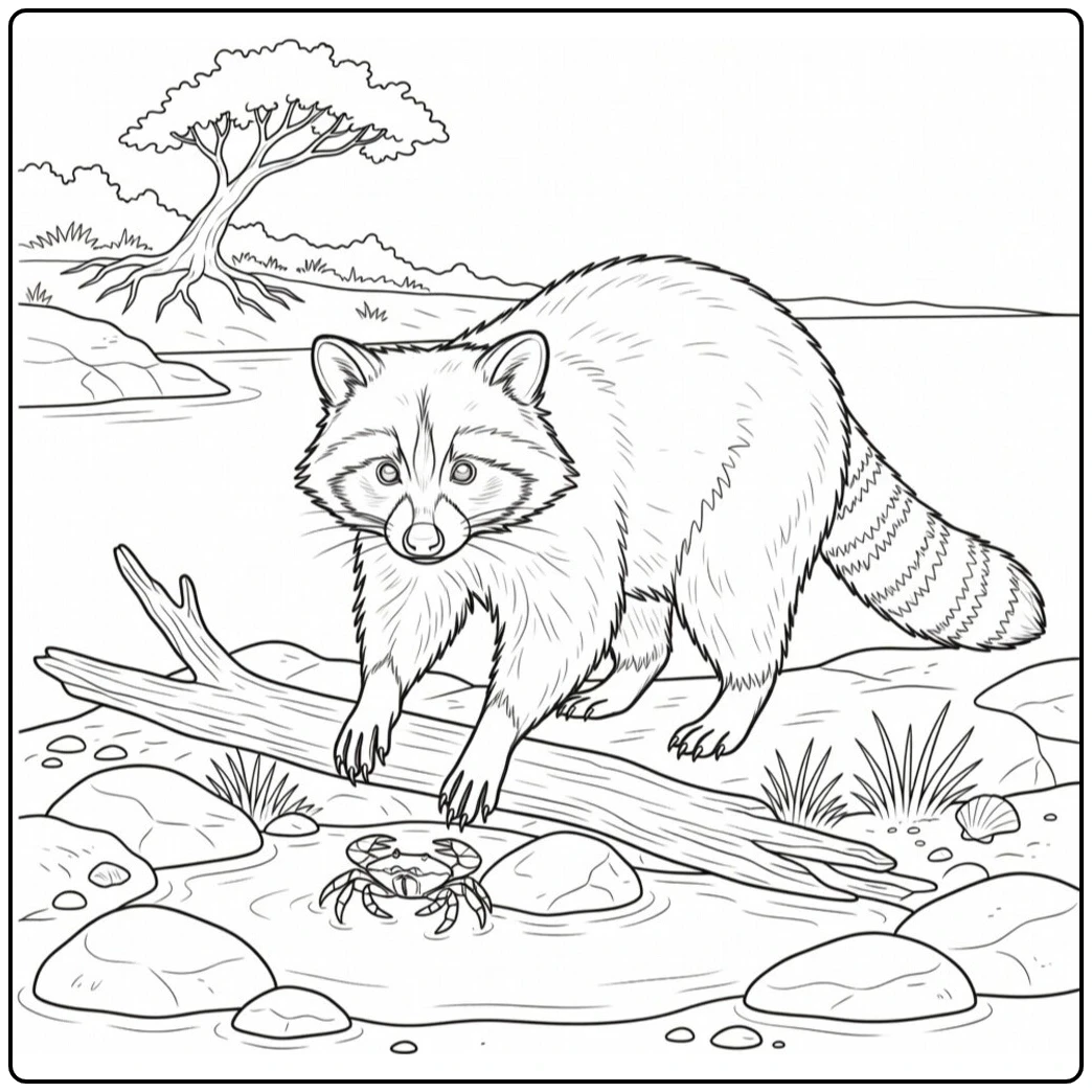 Raccoon balances on driftwood above shallow water while watching a small crab below
