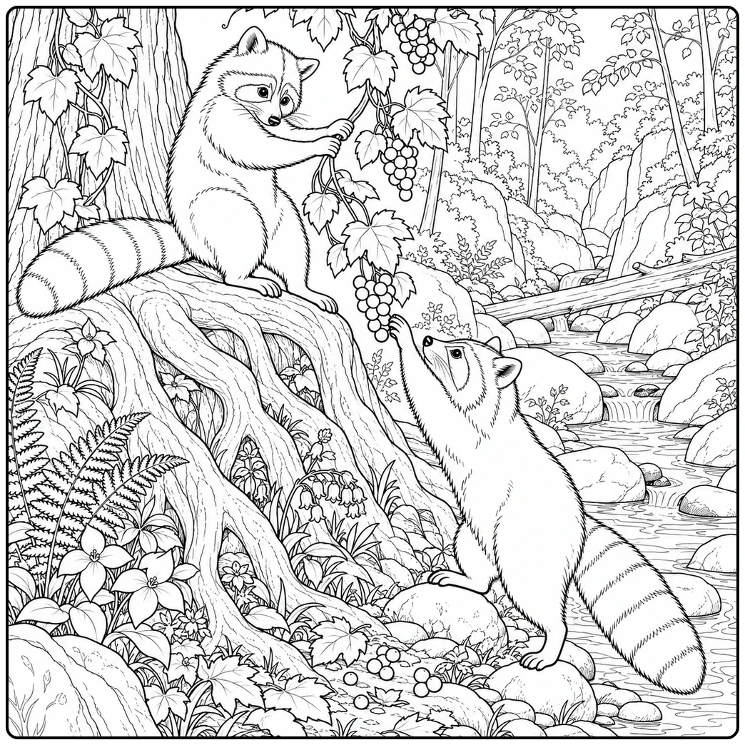 Two raccoons reach for hanging grapes beside a rocky woodland stream