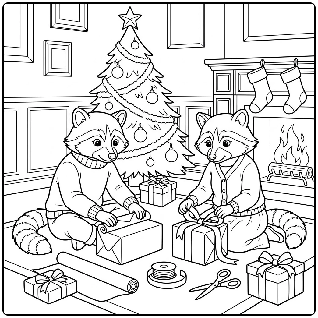 Two raccoons wrap presents beside a tree, fireplace, and hanging stockings