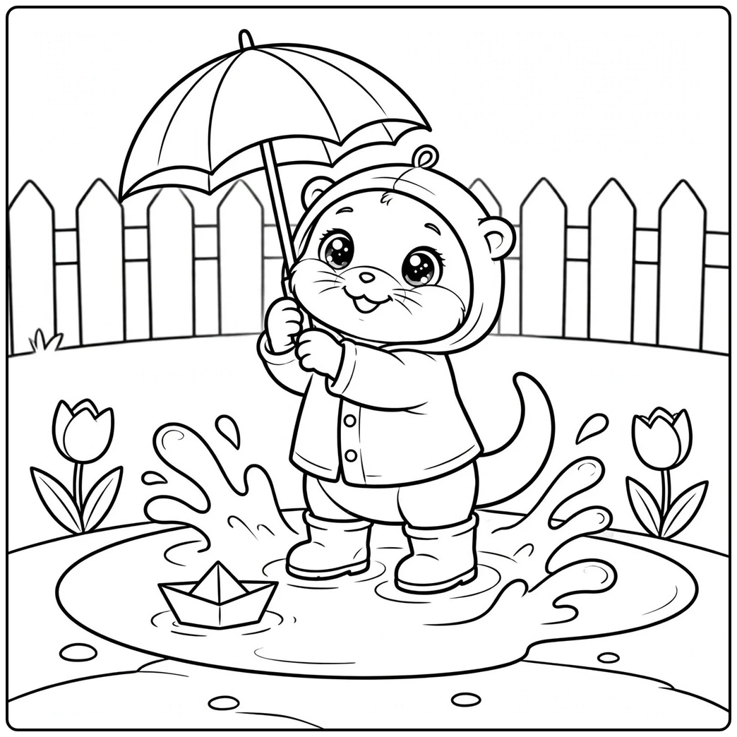 A raincoat-clad otter holds an umbrella over a puddle and a small paper boat.