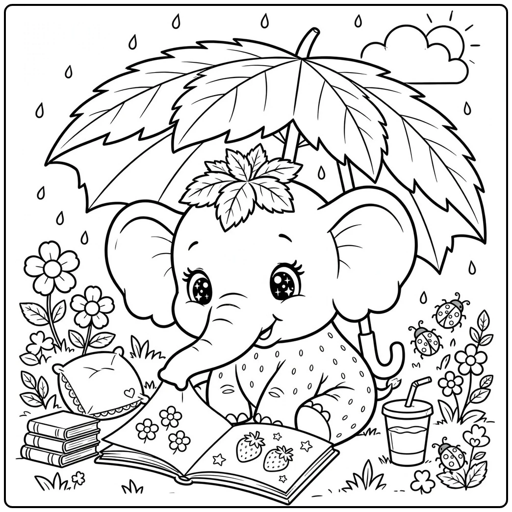 Rainy reading time shows a big-eyed Strawberry Elephant under a leafy umbrella