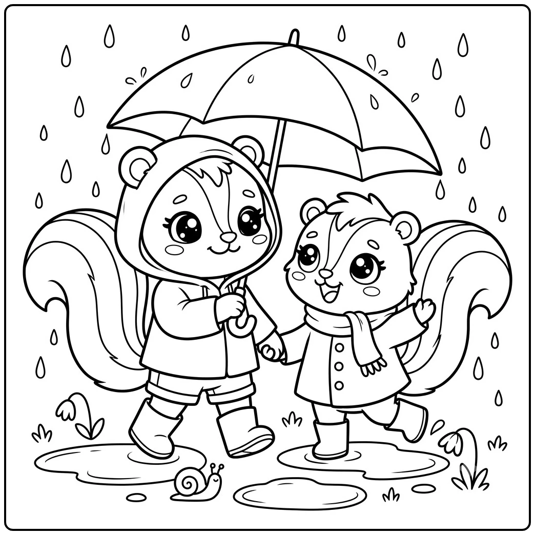 Rainy skunk coloring page with two dressed friends sharing an umbrella over puddles
