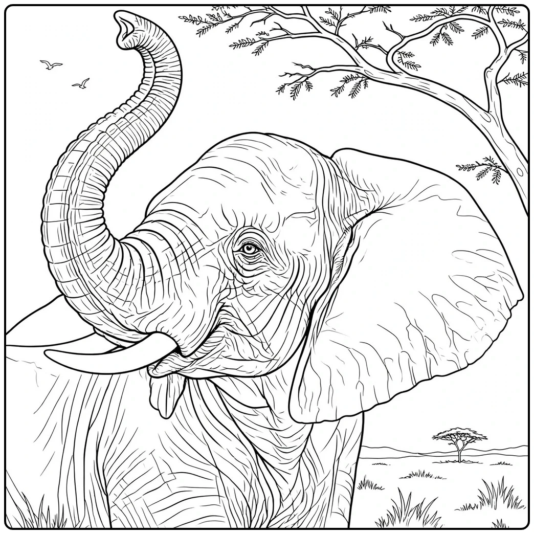 Close elephant portrait raises its curved trunk beneath a sparse acacia branch