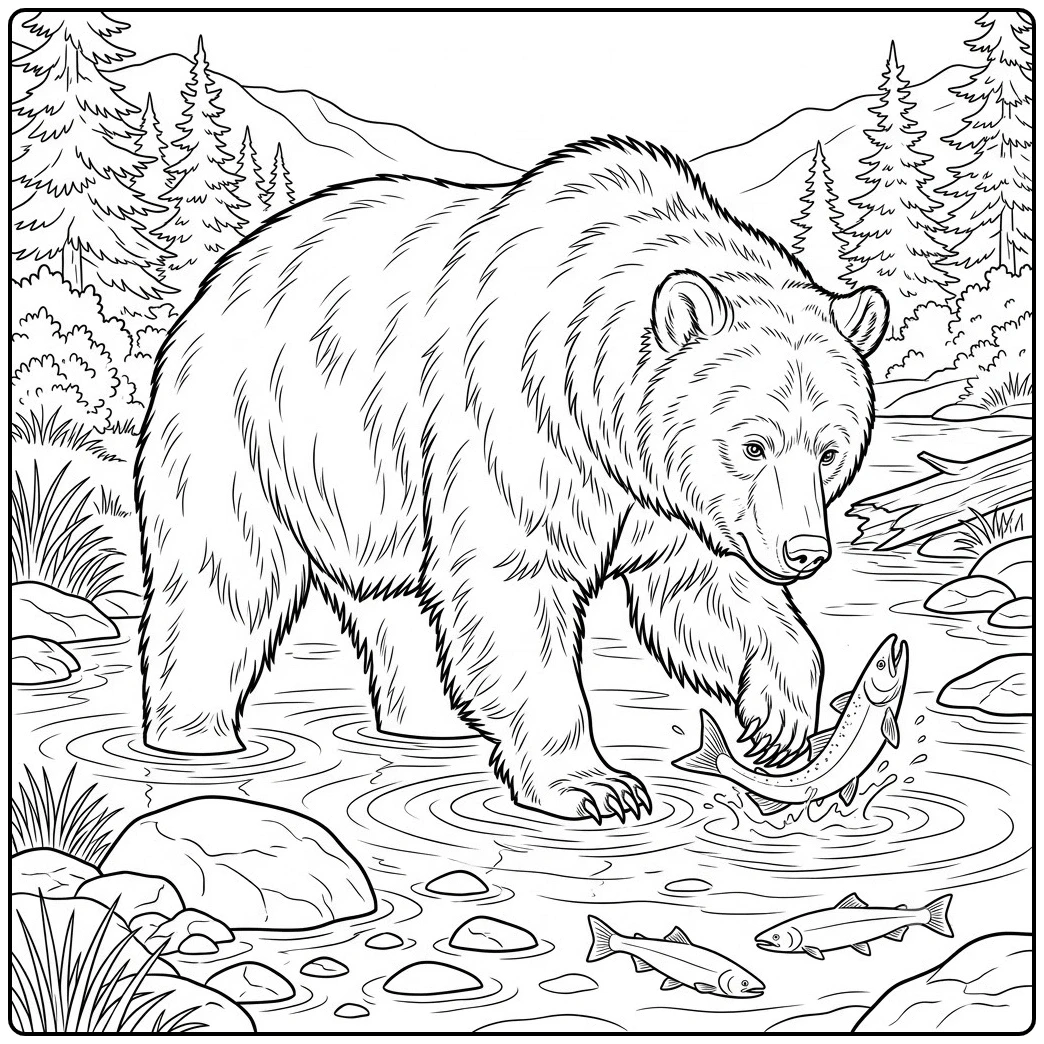 Realistic brown bear swiping at a leaping salmon in a rocky mountain river