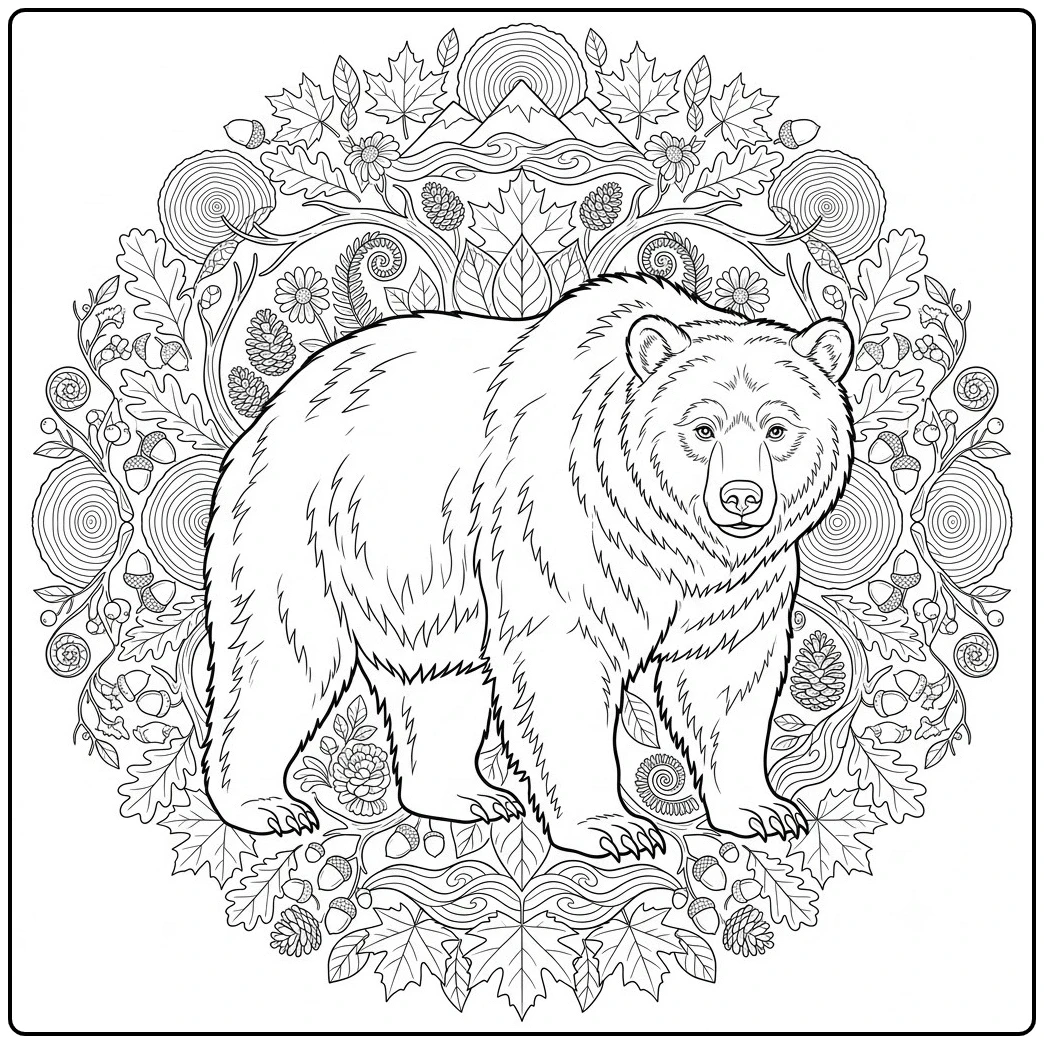 Realistic bear centered in a detailed forest mandala of leaves, acorns, and mountains